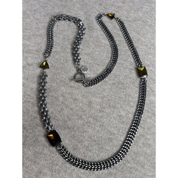 Jessica Simpson Silvertone Chunky Chain Necklace Brown Green Rhinestones - Picture 1 of 6